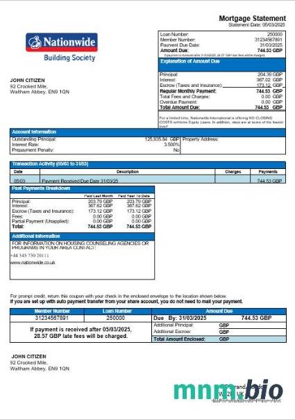 Zjednoczone Królestwo Nationwide Bank wyciąg z kredytu hipotecznego w formatach Word i PDF